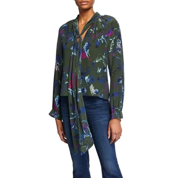 Tanya Taylor Long Sleeve Floral Blouse Tie neck SZ 6 - Picture 1 of 12